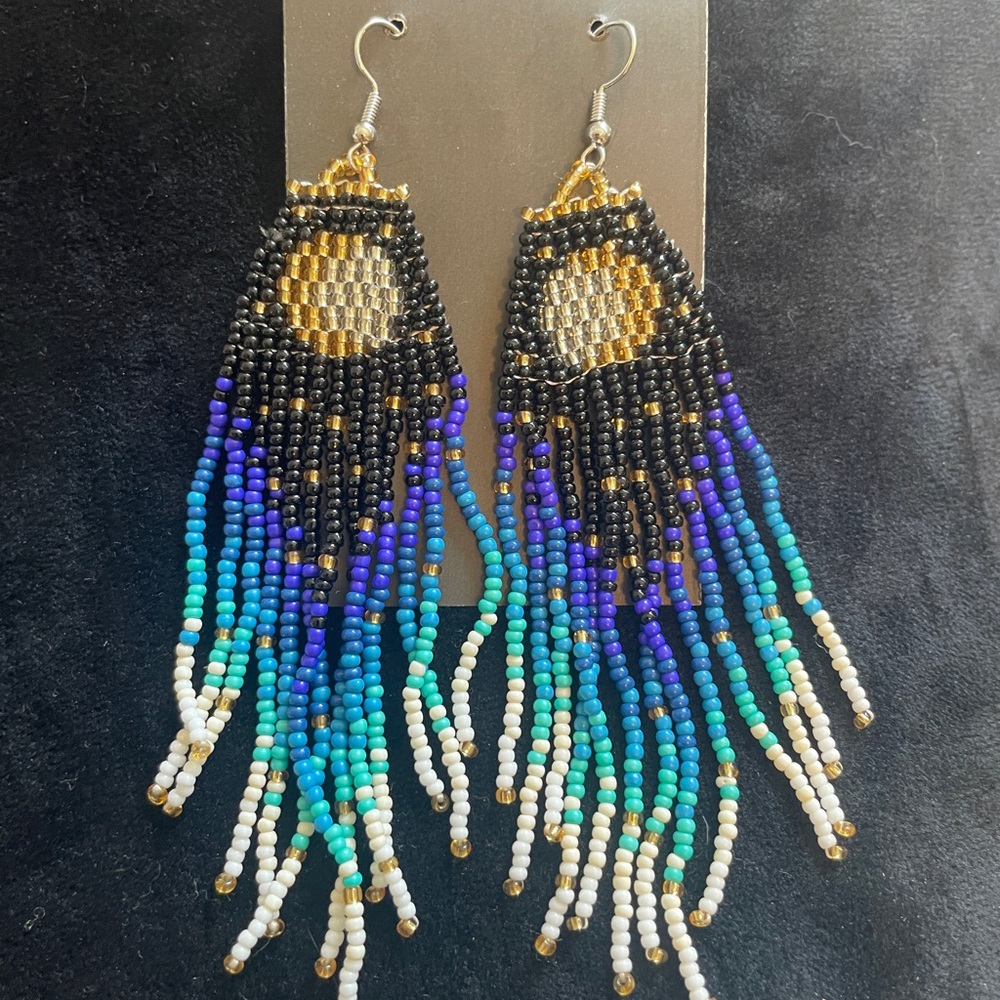 Beaded Fringe Earrings - Black, Blue, Gold